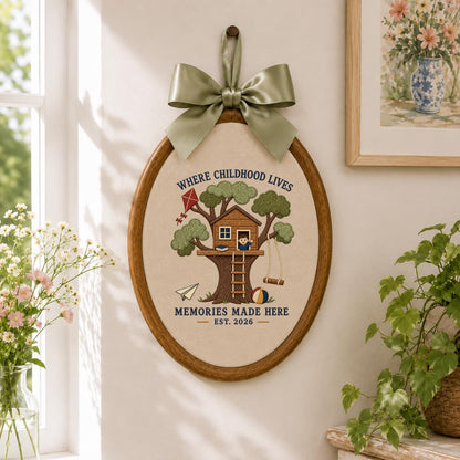 Treehouse Memories Are Made Here Oval Hoop Decor, Embroidered Where Childhood Lives Swing Kite Nursery Sign, Kids Room Birthday Gift