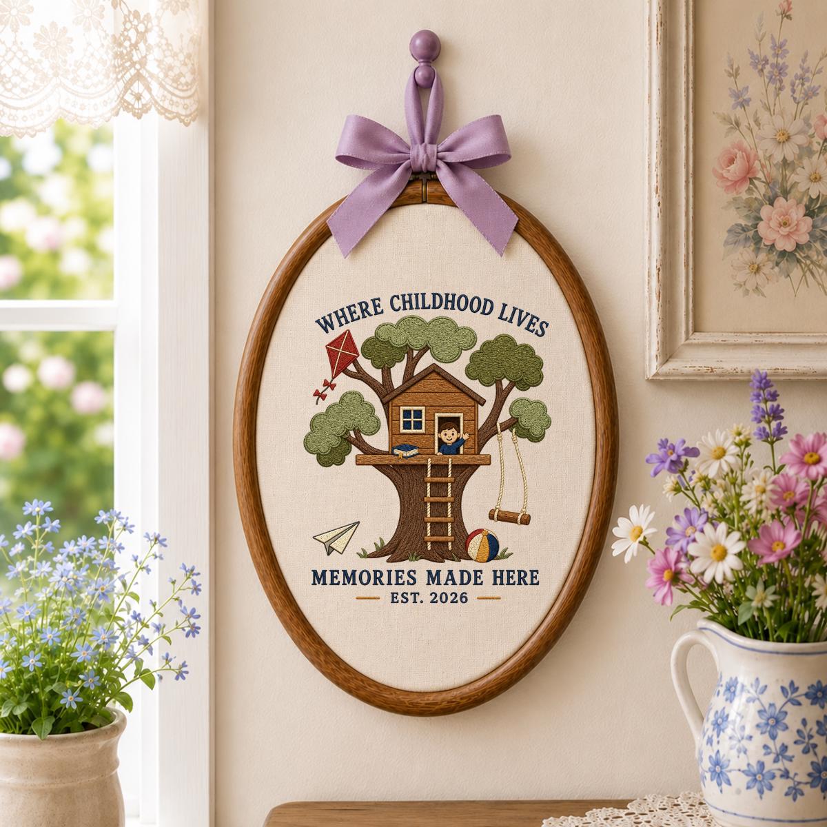 Treehouse Memories Are Made Here Oval Hoop Decor, Embroidered Where Childhood Lives Swing Kite Nursery Sign, Kids Room Birthday Gift