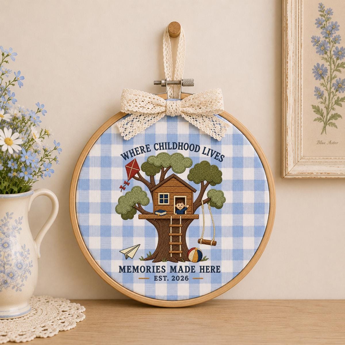 Treehouse Memories Are Made Here Oval Hoop Decor, Embroidered Where Childhood Lives Swing Kite Nursery Sign, Kids Room Birthday Gift