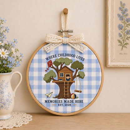Treehouse Memories Are Made Here Oval Hoop Decor, Embroidered Where Childhood Lives Swing Kite Nursery Sign, Kids Room Birthday Gift