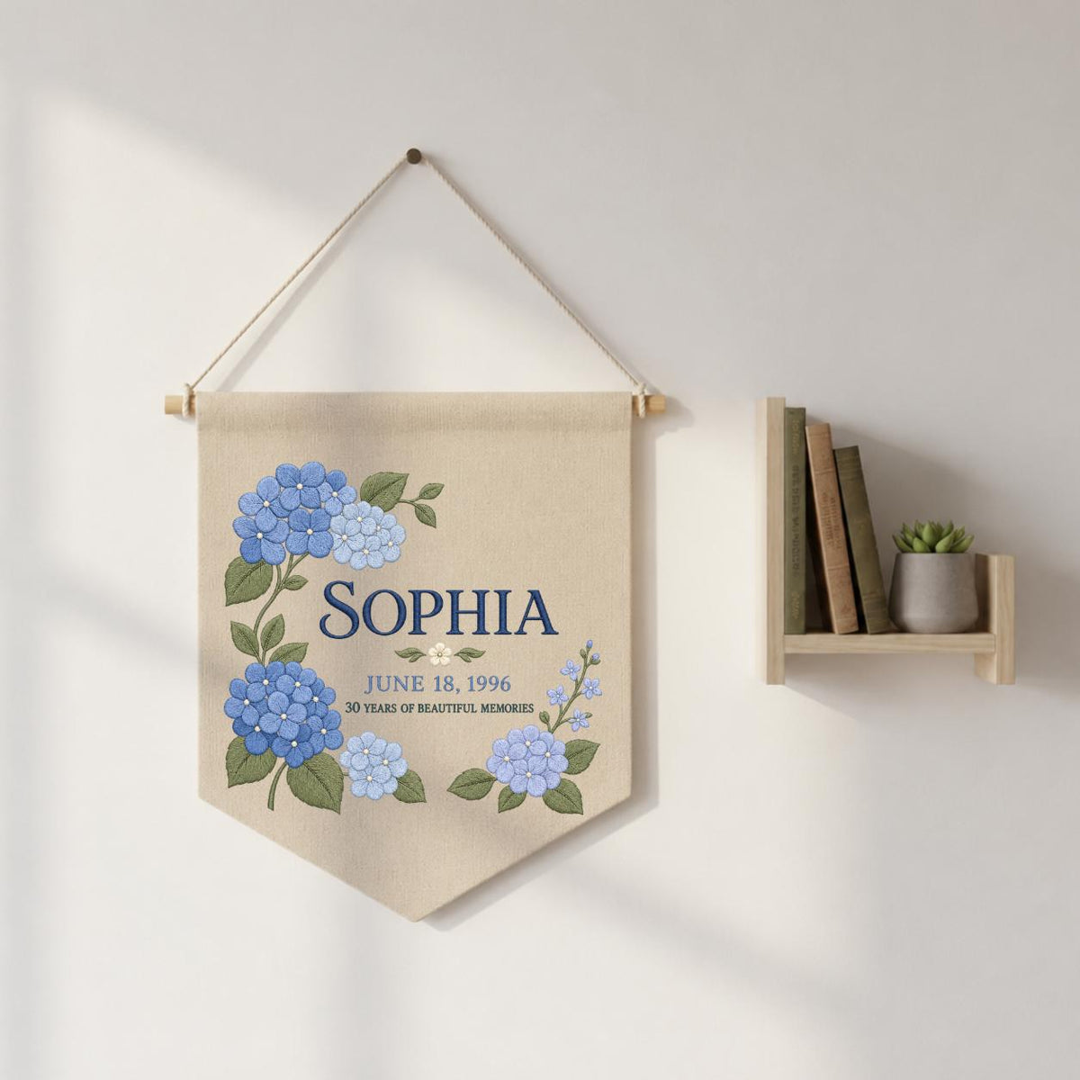 Personalized Blue Hydrangea 30th Birthday Canvas Pennant Banner, Custom Name Sophia 30 Years Memories Embroidered Wall Hanging Sign
