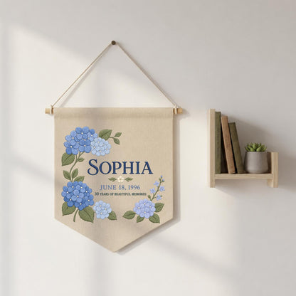 Personalized Blue Hydrangea 30th Birthday Canvas Pennant Banner, Custom Name Sophia 30 Years Memories Embroidered Wall Hanging Sign