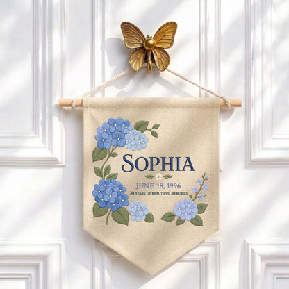 Personalized Blue Hydrangea 30th Birthday Canvas Pennant Banner, Custom Name Sophia 30 Years Memories Embroidered Wall Hanging Sign