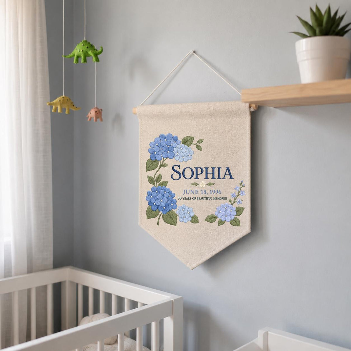 Personalized Blue Hydrangea 30th Birthday Canvas Pennant Banner, Custom Name Sophia 30 Years Memories Embroidered Wall Hanging Sign