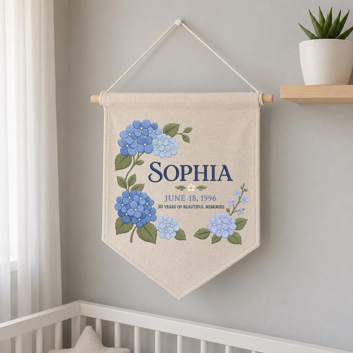 Personalized Blue Hydrangea 30th Birthday Canvas Pennant Banner, Custom Name Sophia 30 Years Memories Embroidered Wall Hanging Sign