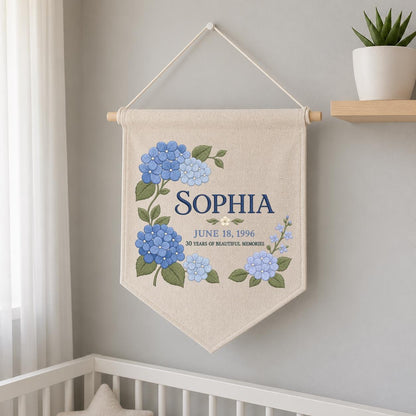 Personalized Blue Hydrangea 30th Birthday Canvas Pennant Banner, Custom Name Sophia 30 Years Memories Embroidered Wall Hanging Sign