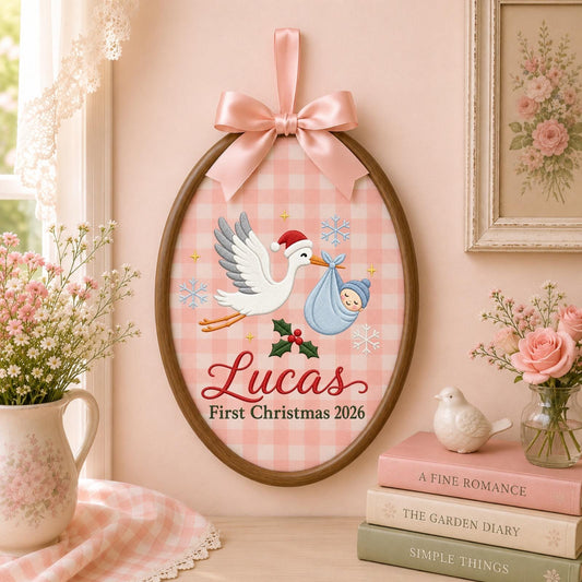 Personalized Embroidered Ornament, Baby First Christmas 2026, Stork Baby Christmas Ornament, Custom Name Newborn Keepsake, Baby Boy Gift