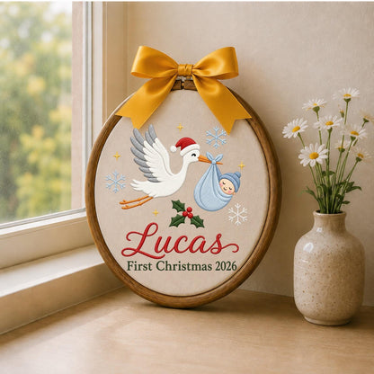Personalized Embroidered Ornament, Baby First Christmas 2026, Stork Baby Christmas Ornament, Custom Name Newborn Keepsake, Baby Boy Gift