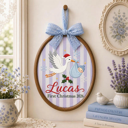 Personalized Embroidered Ornament, Baby First Christmas 2026, Stork Baby Christmas Ornament, Custom Name Newborn Keepsake, Baby Boy Gift