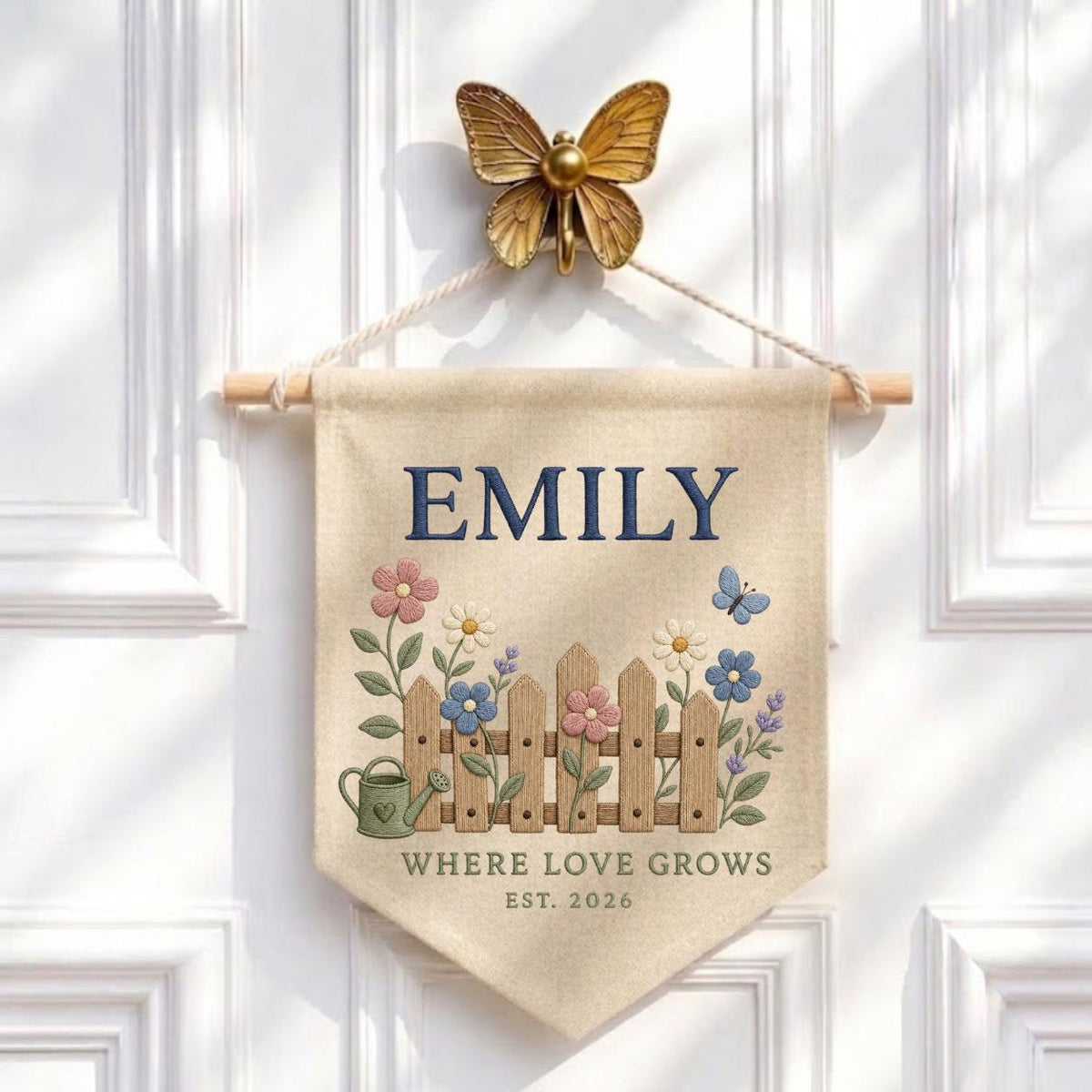 Personalized Floral Fence Canvas Pennant Decor, Custom Embroidered Garden Watering Can Name Sign, Baby Shower Housewarming Keepsake Gift