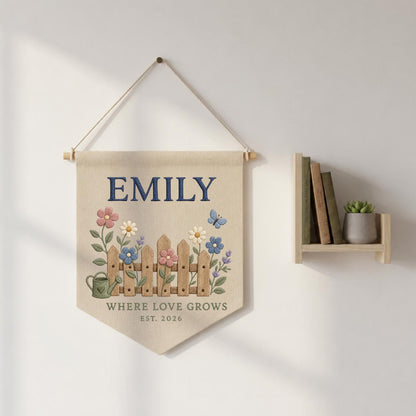 Personalized Floral Fence Canvas Pennant Decor, Custom Embroidered Garden Watering Can Name Sign, Baby Shower Housewarming Keepsake Gift
