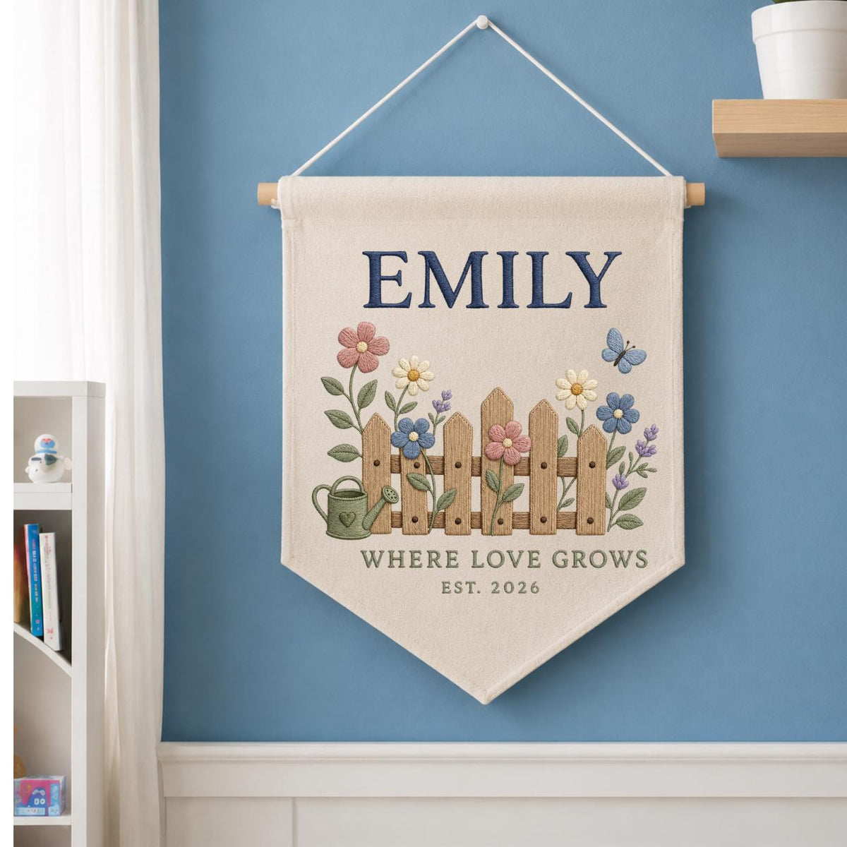 Personalized Floral Fence Canvas Pennant Decor, Custom Embroidered Garden Watering Can Name Sign, Baby Shower Housewarming Keepsake Gift