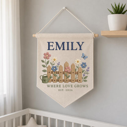 Personalized Floral Fence Canvas Pennant Decor, Custom Embroidered Garden Watering Can Name Sign, Baby Shower Housewarming Keepsake Gift
