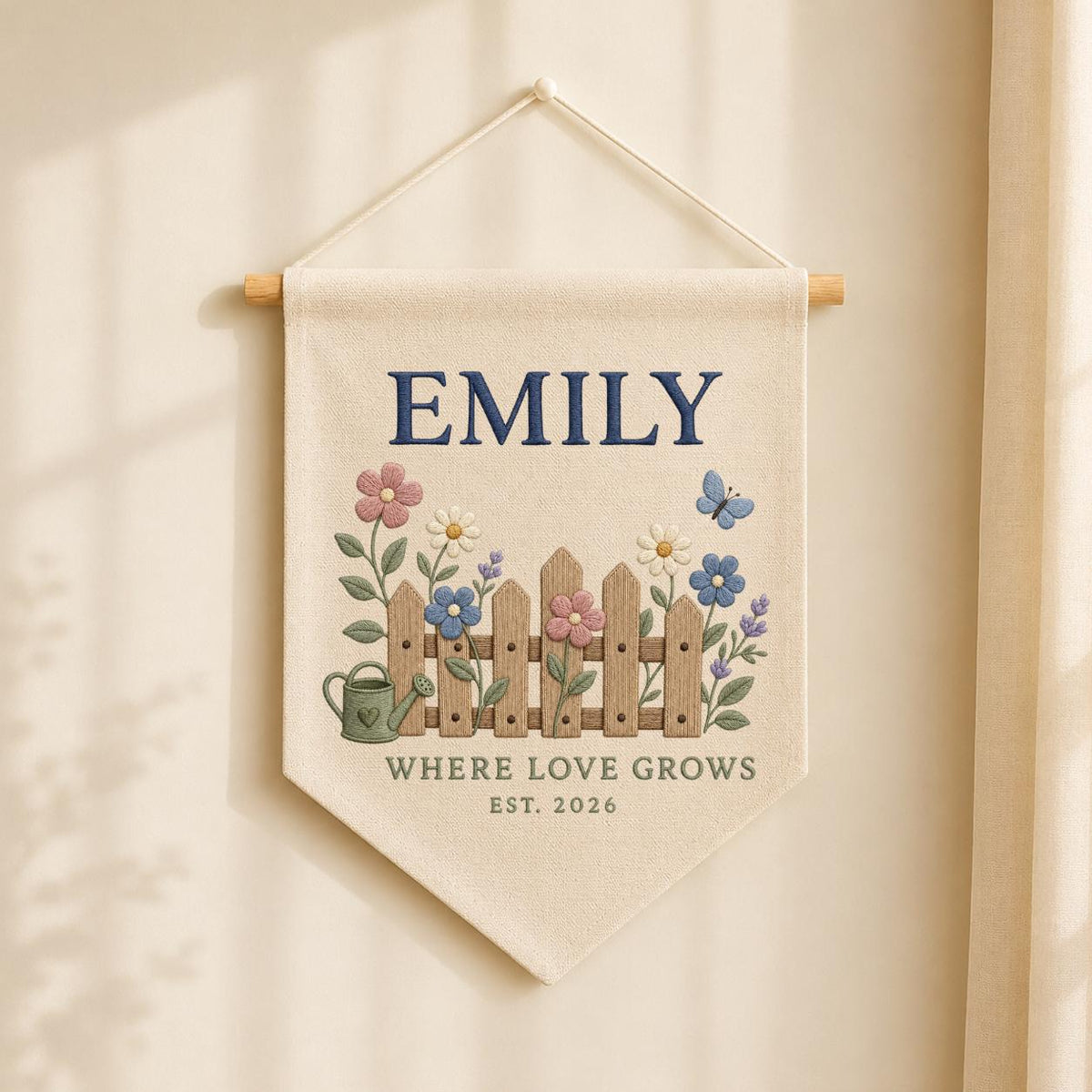 Personalized Floral Fence Canvas Pennant Decor, Custom Embroidered Garden Watering Can Name Sign, Baby Shower Housewarming Keepsake Gift