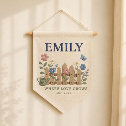 Personalized Floral Fence Canvas Pennant Decor, Custom Embroidered Garden Watering Can Name Sign, Baby Shower Housewarming Keepsake Gift
