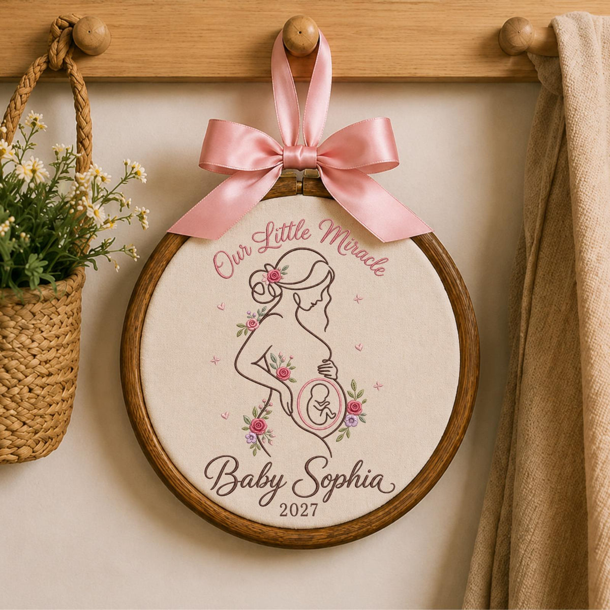 Personalized Embroidered Ornament, Pregnancy Announcement Keepsake, Our Little Miracle Baby Gift, Custom Name Mom To Be Ornament