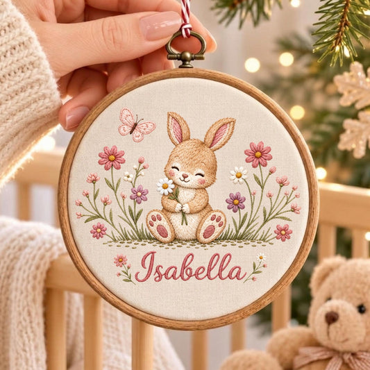 May include: A circular wooden embroidery hoop containing a cream-colored fabric panel. The fabric features an embroidered design of a brown bunny holding a white daisy, surrounded by pink and purple flowers, a butterfly, and the name Isabella.