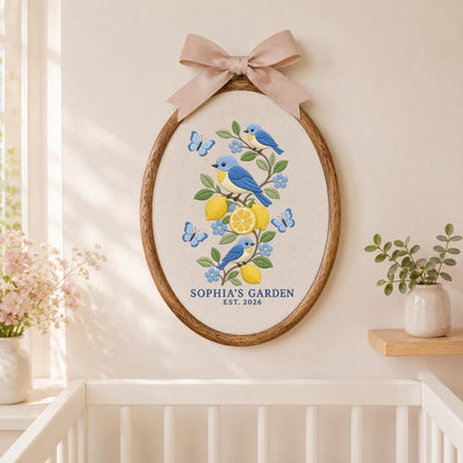 Personalized Lemon Orchard Bluebird Oval Hoop Art Decor, Custom Embroidered Sophia Garden Est 2026 Wall Sign, Gift for Gardeners