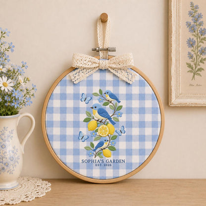 Personalized Lemon Orchard Bluebird Oval Hoop Art Decor, Custom Embroidered Sophia Garden Est 2026 Wall Sign, Gift for Gardeners