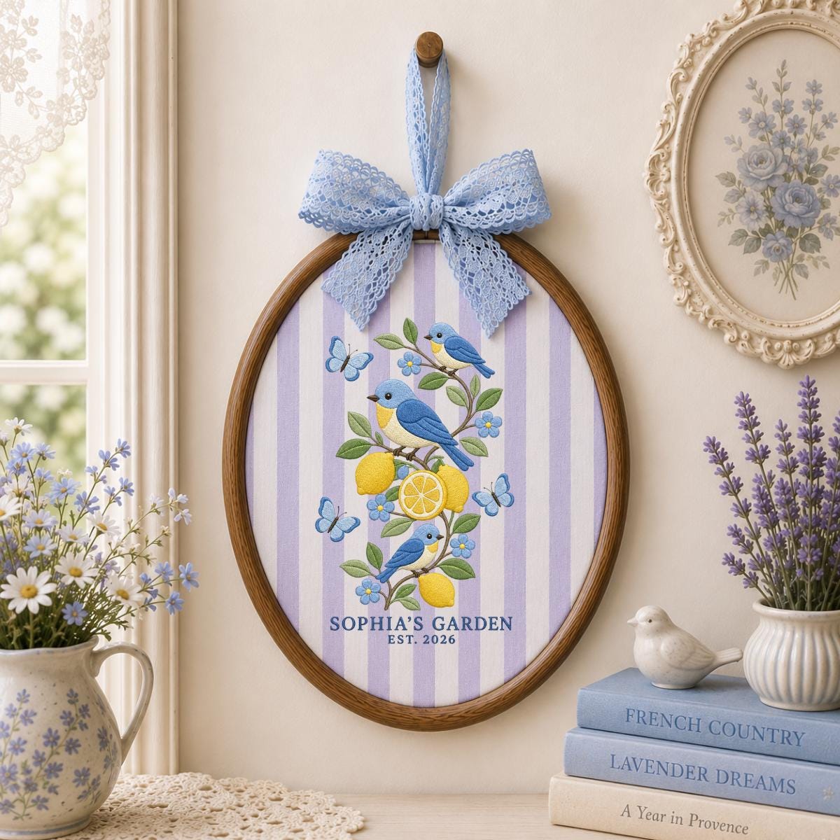 Personalized Lemon Orchard Bluebird Oval Hoop Art Decor, Custom Embroidered Sophia Garden Est 2026 Wall Sign, Gift for Gardeners