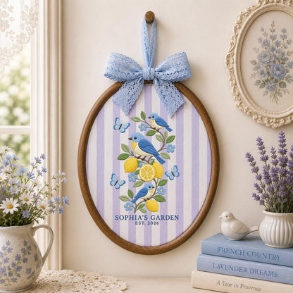 Personalized Lemon Orchard Bluebird Oval Hoop Art Decor, Custom Embroidered Sophia Garden Est 2026 Wall Sign, Gift for Gardeners