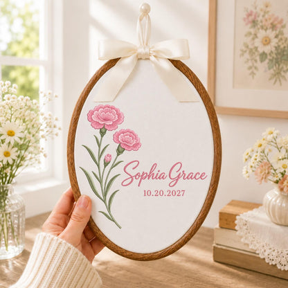 Personalized Embroidered Ornament, Carnation Flower Ornament, Custom Name Floral Keepsake, Birth Flower Gift, Personalized Botanical Decor