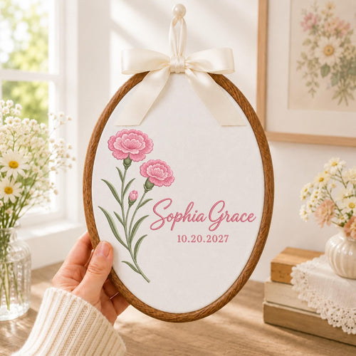 Personalized Embroidered Ornament, Carnation Flower Ornament, Custom Name Floral Keepsake, Birth Flower Gift, Personalized Botanical Decor