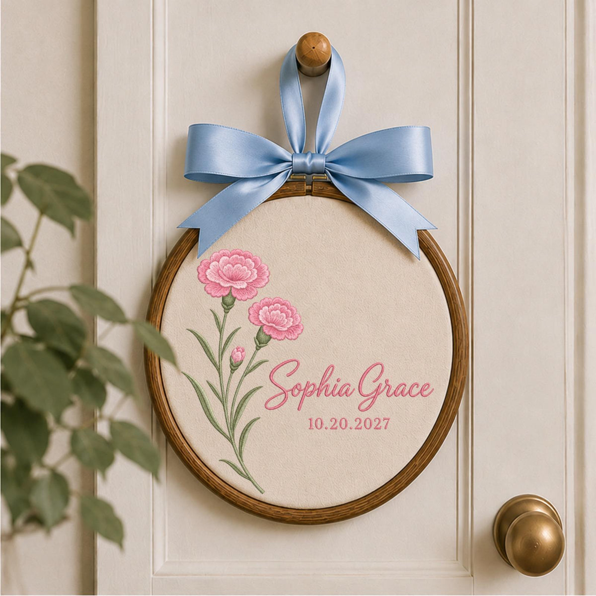 Personalized Embroidered Ornament, Carnation Flower Ornament, Custom Name Floral Keepsake, Birth Flower Gift, Personalized Botanical Decor