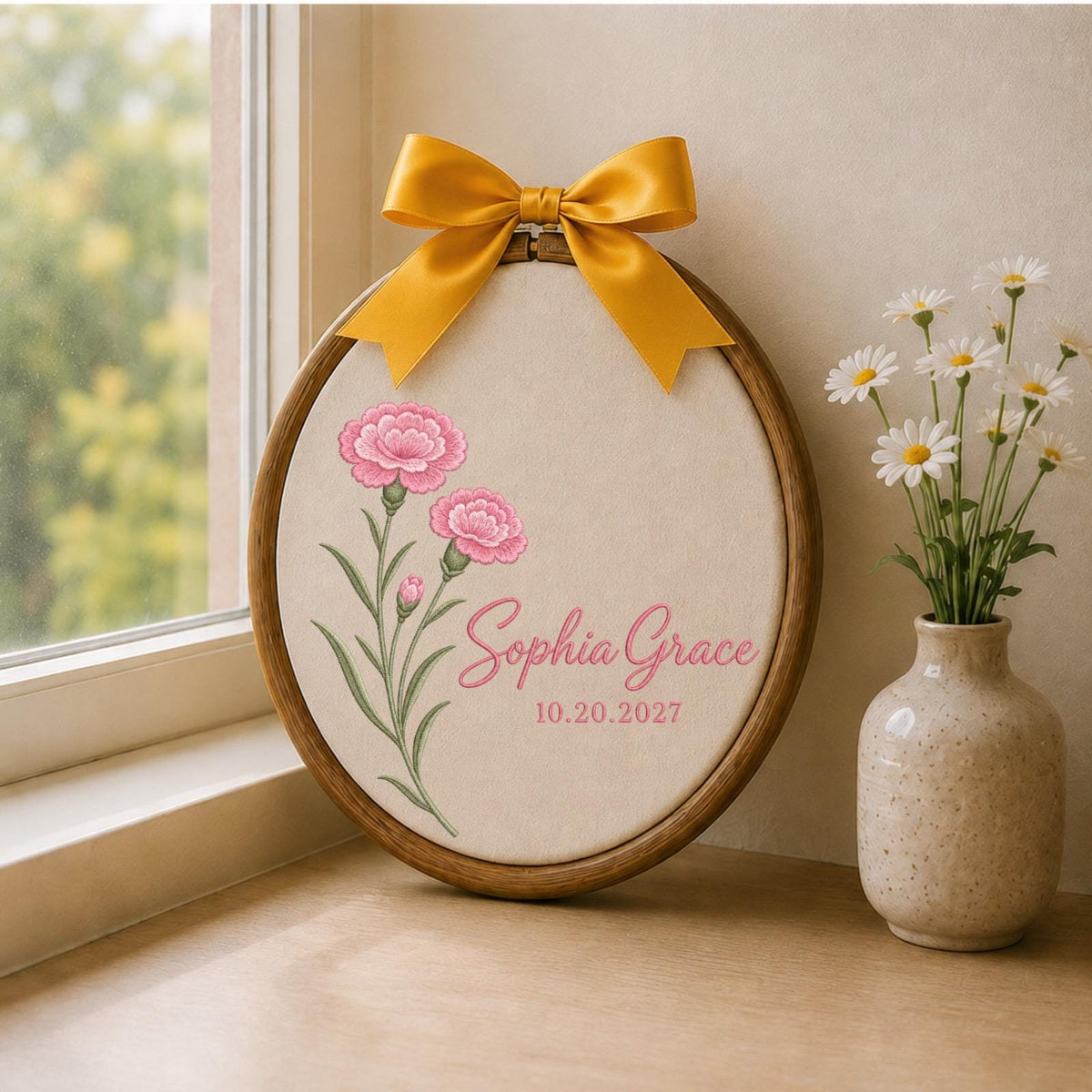 Personalized Embroidered Ornament, Carnation Flower Ornament, Custom Name Floral Keepsake, Birth Flower Gift, Personalized Botanical Decor
