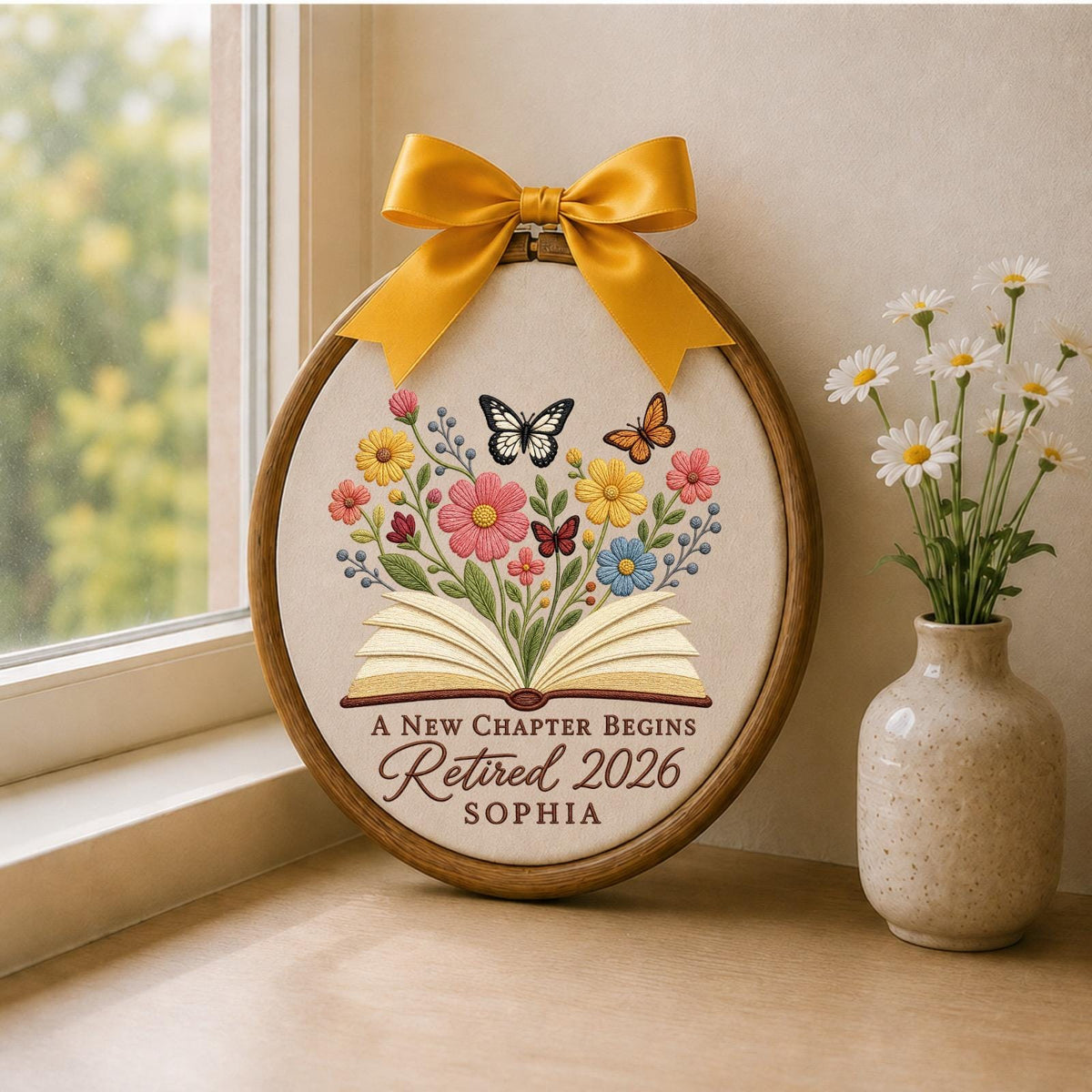 Personalized Embroidered Ornament, Retirement Gift 2026, A New Chapter Begins Ornament, Custom Name Retired Keepsake, Floral Book Decor