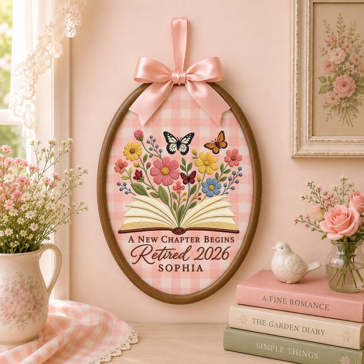 Personalized Embroidered Ornament, Retirement Gift 2026, A New Chapter Begins Ornament, Custom Name Retired Keepsake, Floral Book Decor
