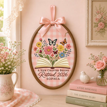 Personalized Embroidered Ornament, Retirement Gift 2026, A New Chapter Begins Ornament, Custom Name Retired Keepsake, Floral Book Decor