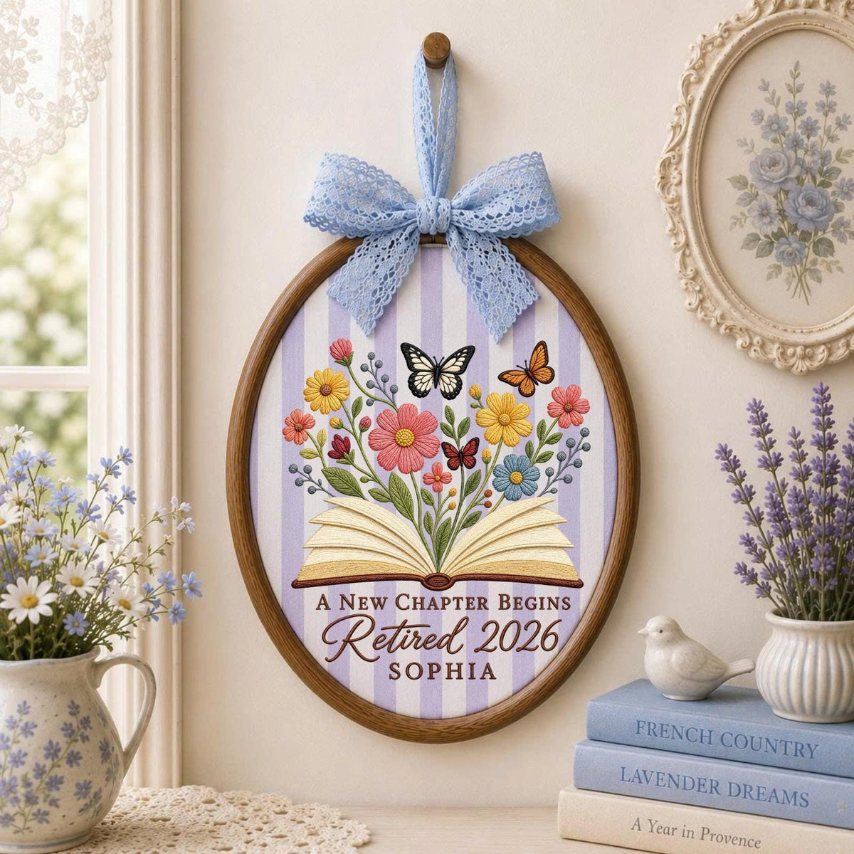 Personalized Embroidered Ornament, Retirement Gift 2026, A New Chapter Begins Ornament, Custom Name Retired Keepsake, Floral Book Decor