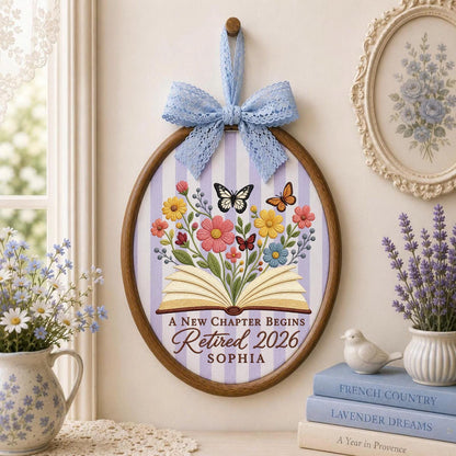 Personalized Embroidered Ornament, Retirement Gift 2026, A New Chapter Begins Ornament, Custom Name Retired Keepsake, Floral Book Decor