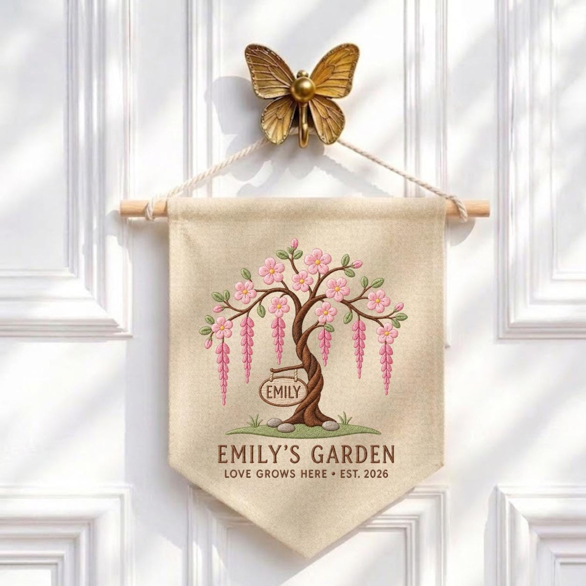 Personalized Blossom Tree Canvas Pennant Banner, Custom Name Emily Garden Love Grows Here Embroidered Wall Hanging Decor Sign