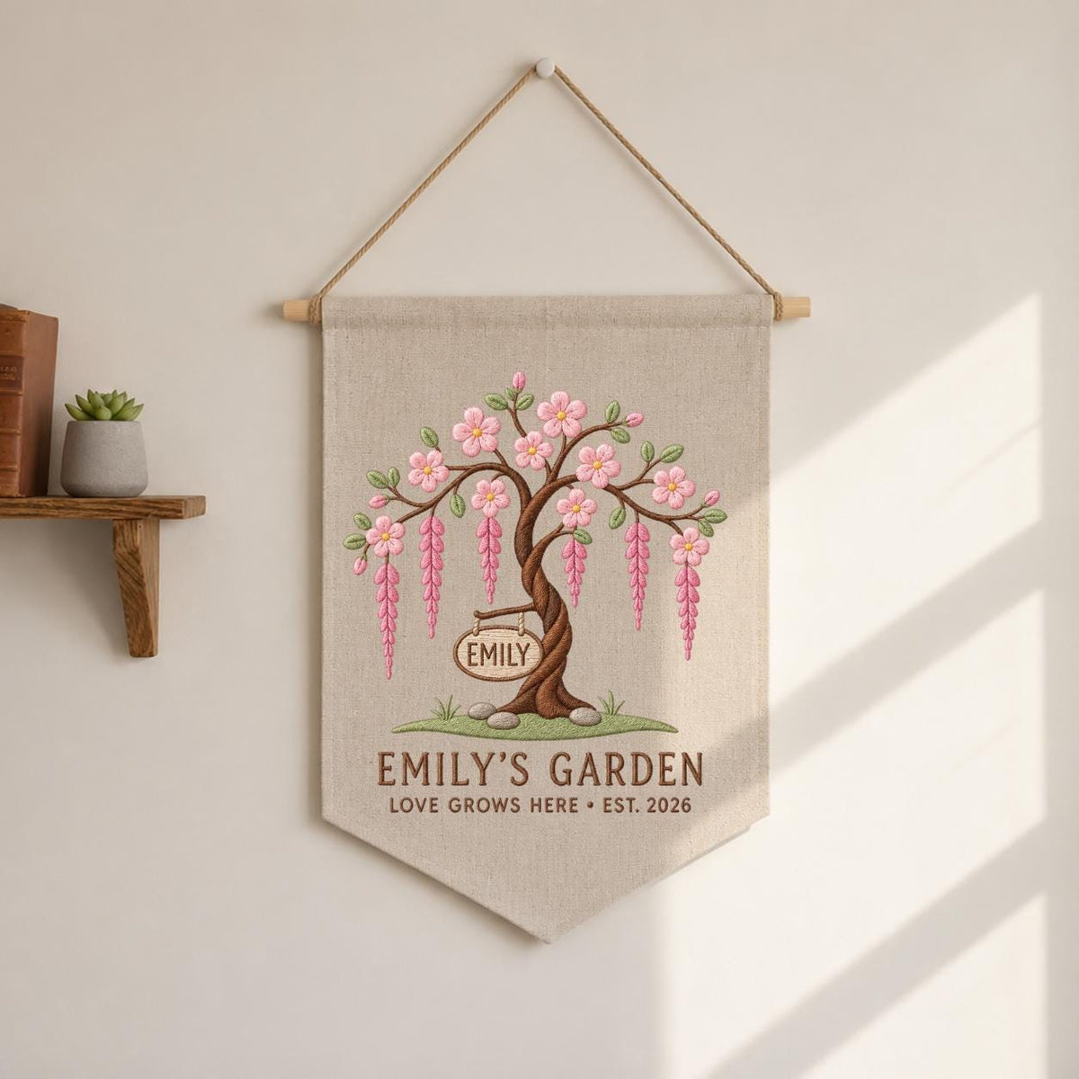 Personalized Blossom Tree Canvas Pennant Banner, Custom Name Emily Garden Love Grows Here Embroidered Wall Hanging Decor Sign