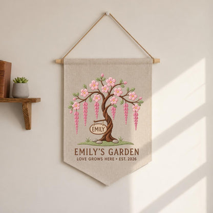 Personalized Blossom Tree Canvas Pennant Banner, Custom Name Emily Garden Love Grows Here Embroidered Wall Hanging Decor Sign