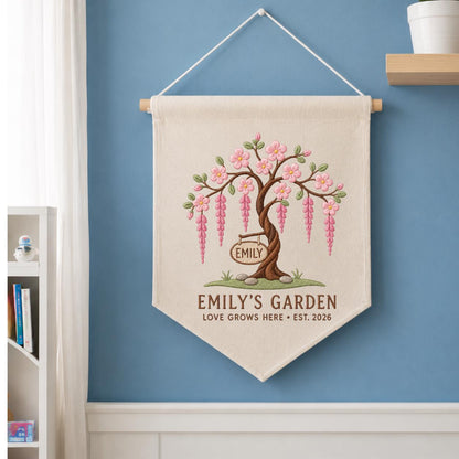 Personalized Blossom Tree Canvas Pennant Banner, Custom Name Emily Garden Love Grows Here Embroidered Wall Hanging Decor Sign
