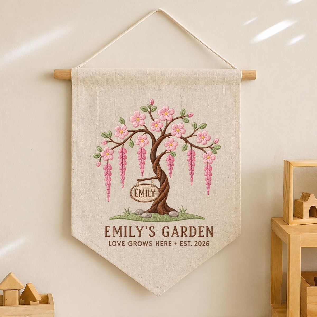 Personalized Blossom Tree Canvas Pennant Banner, Custom Name Emily Garden Love Grows Here Embroidered Wall Hanging Decor Sign