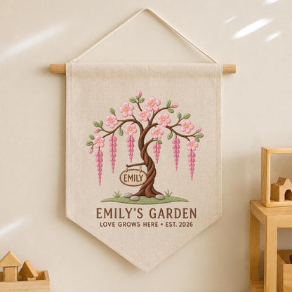 Personalized Blossom Tree Canvas Pennant Banner, Custom Name Emily Garden Love Grows Here Embroidered Wall Hanging Decor Sign