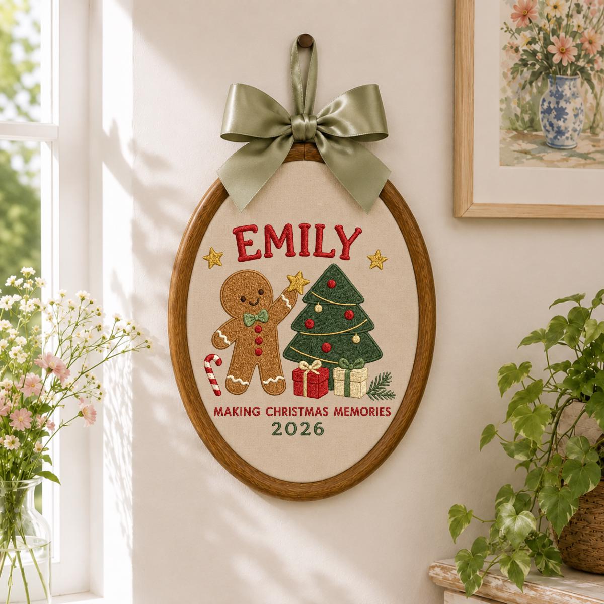 Personalized Emily Christmas Memories Embroidery, 2026 Custom Hoop Art, Cute Gingerbread & Tree Decoration