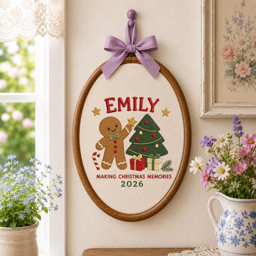 Personalized Emily Christmas Memories Embroidery, 2026 Custom Hoop Art, Cute Gingerbread & Tree Decoration