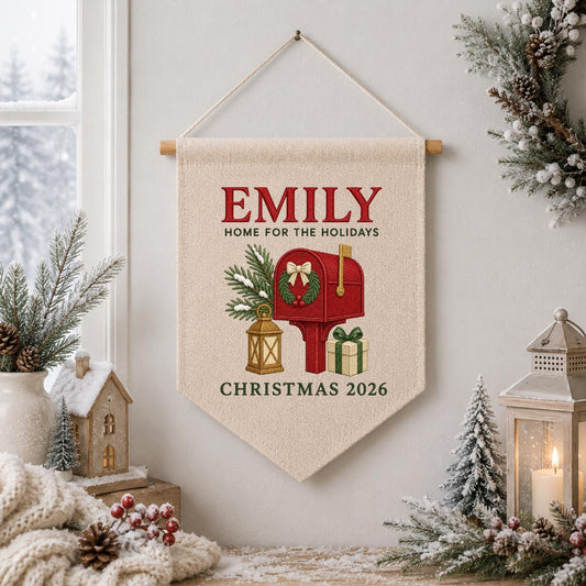 Personalized Christmas Mailbox Canvas Pennant Banner, Custom Name Emily Home for The Holidays Embroidered 2026 Wall Sign Decor
