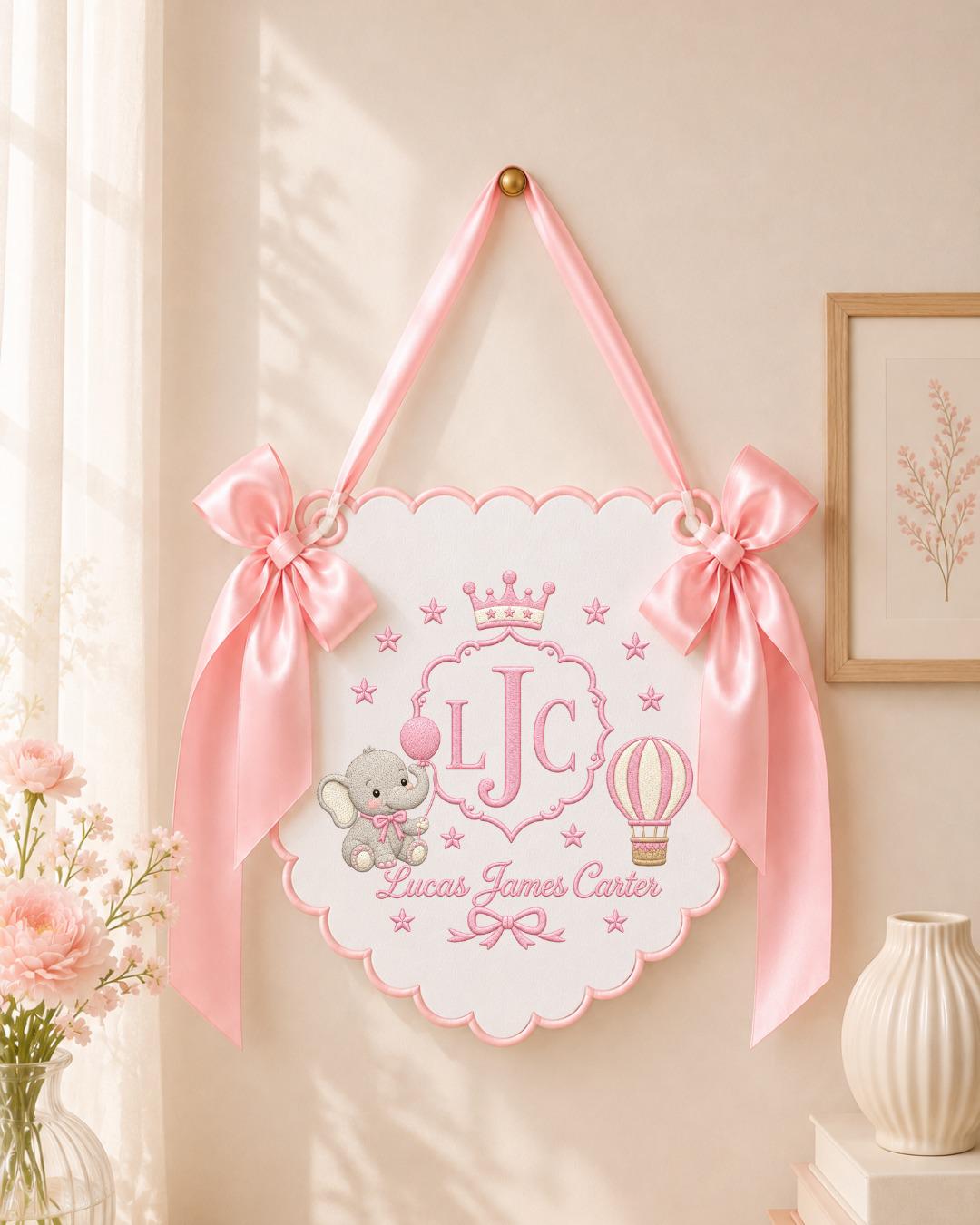 Personalized Embroidered Baby Name Banner, Custom Elephant Nursery Wall Decor, Baby Boy Monogram Name Sign, Newborn Gift