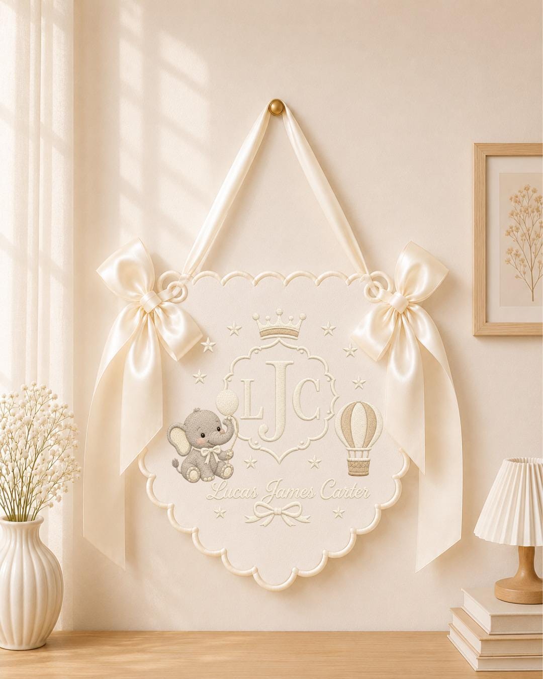 Personalized Embroidered Baby Name Banner, Custom Elephant Nursery Wall Decor, Baby Boy Monogram Name Sign, Newborn Gift