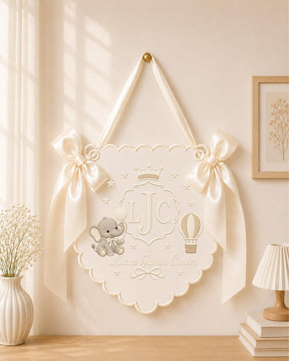 Personalized Embroidered Baby Name Banner, Custom Elephant Nursery Wall Decor, Baby Boy Monogram Name Sign, Newborn Gift