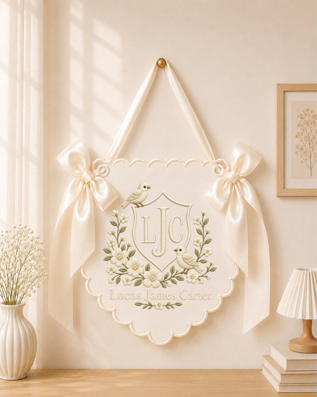 Personalized Embroidered Baby Name Banner, Floral Bird Nursery Wall Decor, Custom Monogram Name Sign, Baby Girl Nursery Decor, Newborn Gift