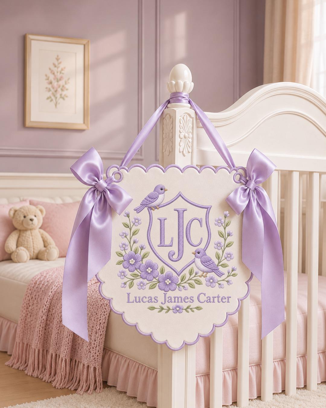 Personalized Embroidered Baby Name Banner, Floral Bird Nursery Wall Decor, Custom Monogram Name Sign, Baby Girl Nursery Decor, Newborn Gift