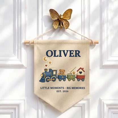 Personalized Train Canvas Pennant Banner, Custom Name Oliver Little Moments Big Memories Embroidered Boy Nursery Wall Hanging Sign