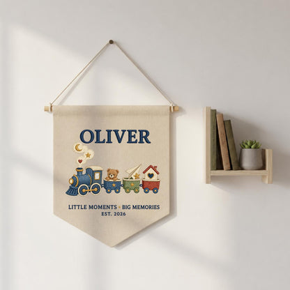 Personalized Train Canvas Pennant Banner, Custom Name Oliver Little Moments Big Memories Embroidered Boy Nursery Wall Hanging Sign